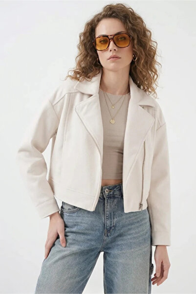 buğrahayalin Women's Classic Collar Zippered Cotton Ecru Jacket