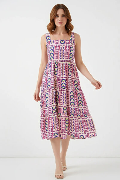 buğrahayalin Women's Strappy Waist Gathered Patterned Viscose Fuchsia Dress
