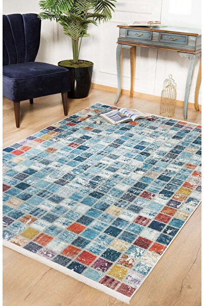 halinet Halı.Net Blue Bohemian Washable Non-Slip Living Room Carpet Haln-Hln1255