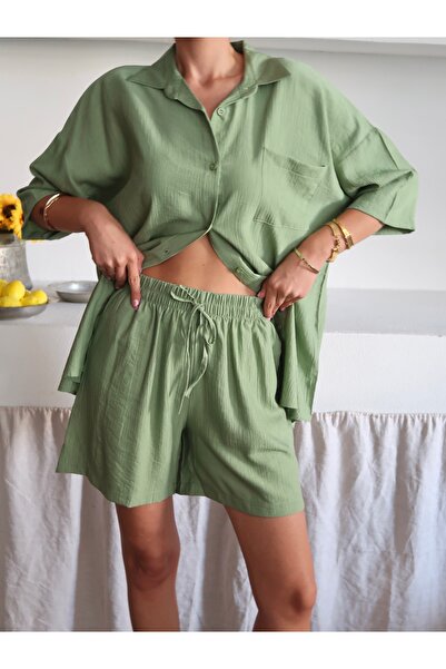 Paw Garage Γυναικείο casual σετ πουκάμισο και σορτς από υφαντό ύφασμα φράουλας