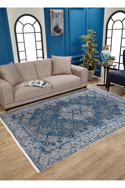 halinet Halı.Net Blue Classic Washable Non-Slip Living Room Carpet Haln-Hln1786