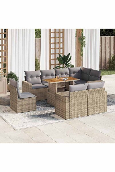 vidaxl Set canapele de gradina, 9 piese, cu perne, bej, poliratan