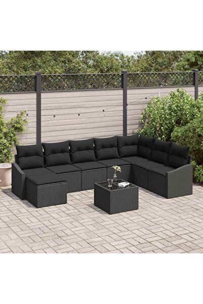 vidaxl Set de canapea cu perna 9 pcs Negru poliratan