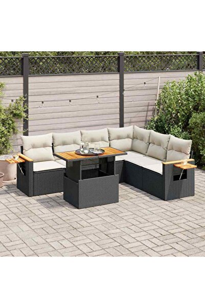 vidaxl Set canapele gradina perne 7 piese negru, poliratan/lemn acacia