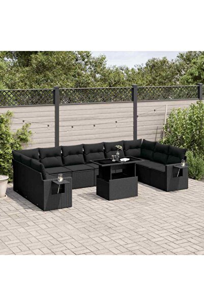 vidaxl Set canapele de gradina cu perne, 11 piese, negru, poliratan