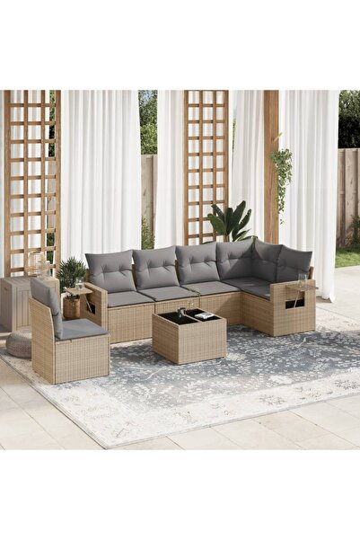 vidaxl Set canapele de gradina, 7 piese, cu perne, bej, poliratan