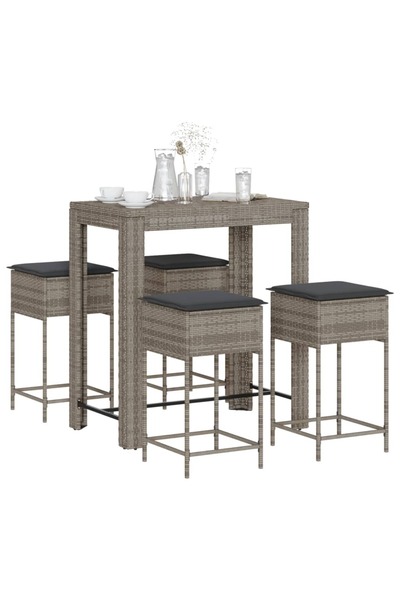 vidaxl Set mobilier bar de gradina, cu perne, 5 piese, gri, poliratan