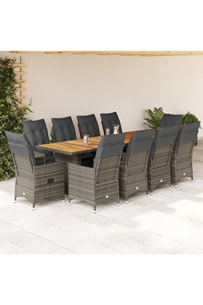 vidaxl Set bistro de gradina cu perne, 11 piese, gri, poliratan