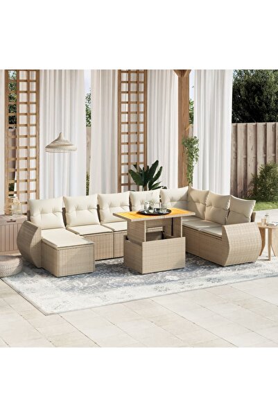 vidaxl Set canapele de gradina, 9 piese, cu perne, bej, poliratan