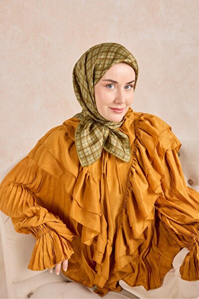 Silk Home Eșarfă din mătase twill în carouri verde bej