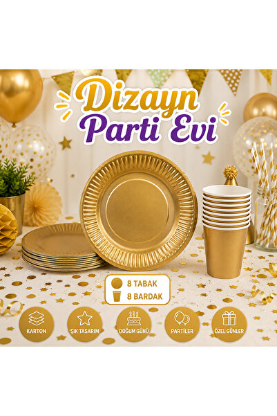Dizayn Parti Evi Gold Karton Tabak Bardak Seti 8 Kişilik Lüks Parti Sofra Set...