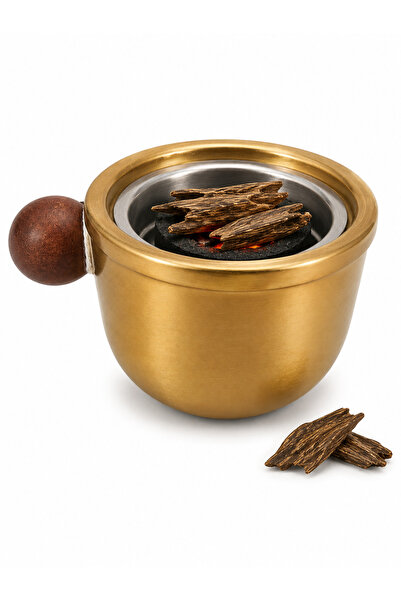 VENDIX Luxury Gold Incense Burner with Wooden Handle - Heat Resistant Stainle...