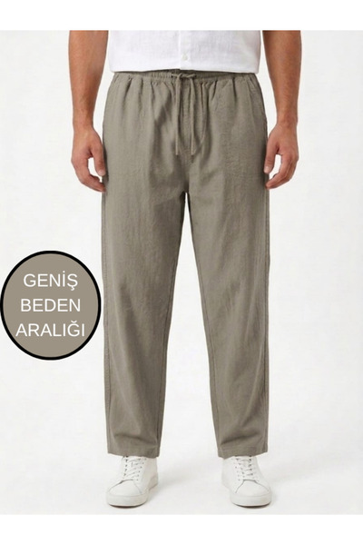 MONJER Men's Linen Look 100% Cotton Relaxed Trousers with Elastic Waist