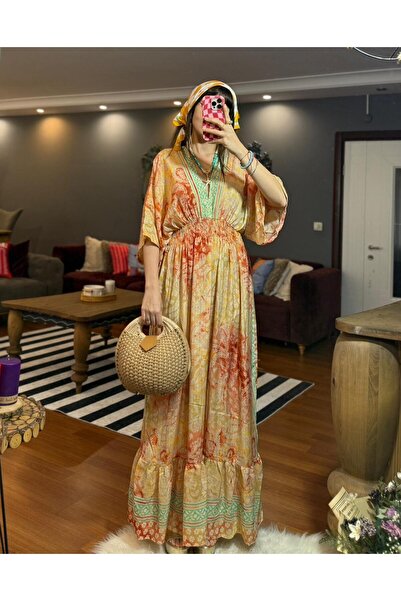 moda gk Boncuk/Nakış Detaylı Parlak Desenli Bohem İpek Elbise