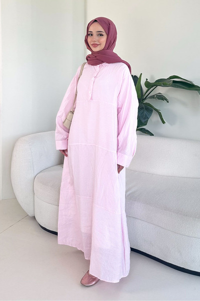Ovn. Çizgili Gömlek Elbise - Pembe