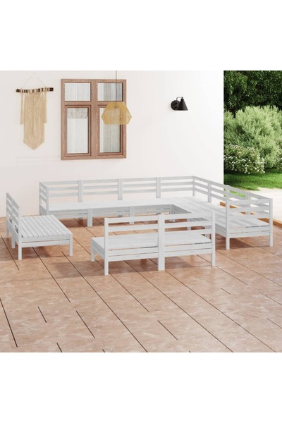 vidaxl Set mobilier de gradina, 11 piese, alb, lemn masiv de pin