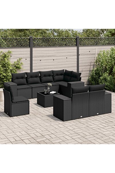 vidaxl Garden furniture set with cushions, 9 pieces, black, polyrattan