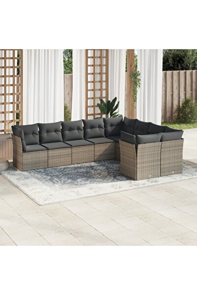 vidaxl Set canapele de gradina, 9 piese, cu perne, gri, poliratan