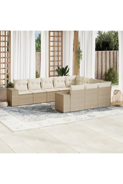 vidaxl Garden sofa set with cushions, 10 pieces, beige, polyrattan