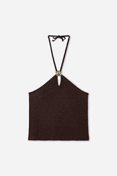 Mudo Women's Brown Fitted Tie-Up Sleeveless Blouse