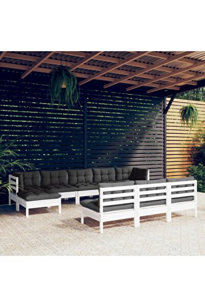 vidaxl Set mobilier de gradina cu perne, 10 piese, alb, lemn de pin