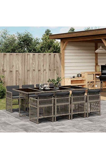 vidaxl Garden furniture set with cushions, 9 pieces, grey, polyrattan