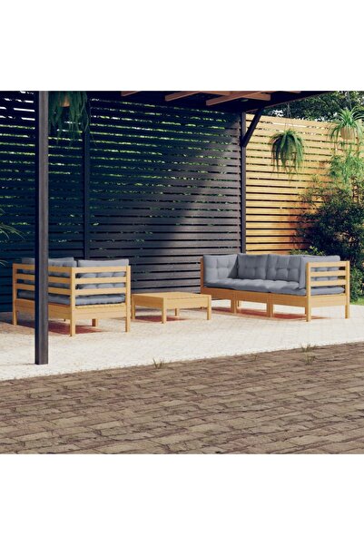 vidaxl Set mobilier gradina cu perne gri, 6 piese, lemn de pin