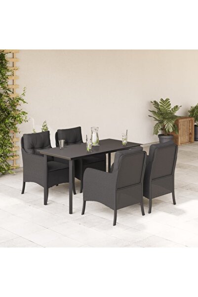 vidaxl Garden furniture set with cushions, 5 pieces, black, polyrattan