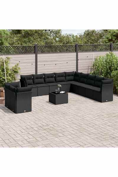 vidaxl Set canapele de gradina, 12 piese, cu perne, negru, poliratan