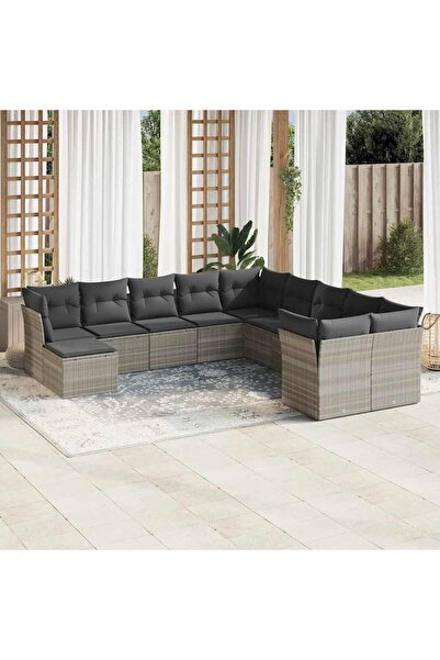 vidaxl Garden sofa set with cushions, 11 pieces, grey, polyrattan