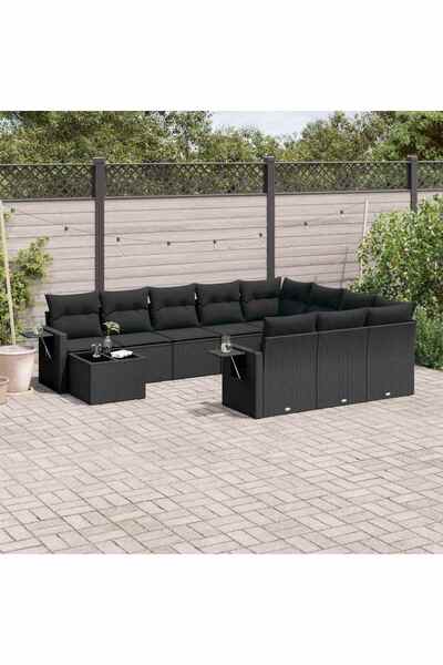 vidaxl Garden sofa set with cushions, 11 pieces, black, polyrattan