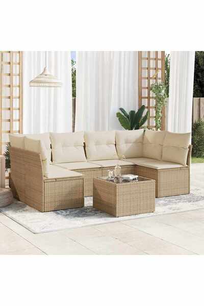 vidaxl Set canapele de gradina, 7 piese, cu perne, bej, poliratan