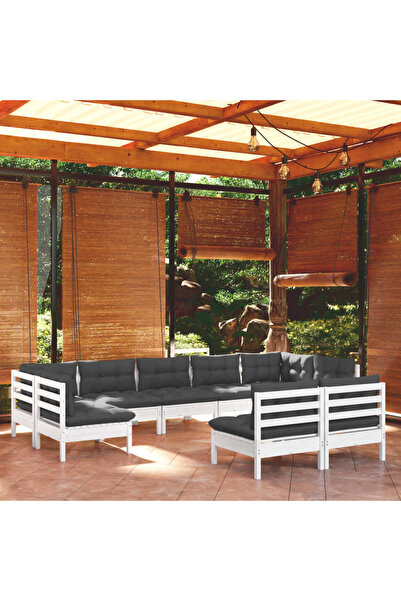 vidaxl Set mobilier gradina cu perne, 9 piese, alb, lemn masiv pin