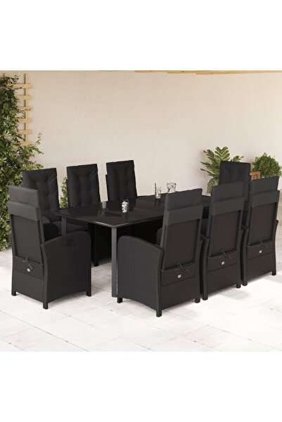 vidaxl Garden furniture set with cushions, 9 pieces, black, polyrattan