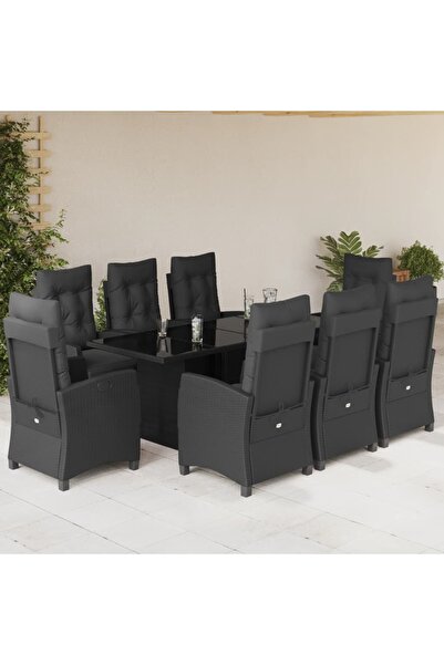 vidaxl Garden furniture set with cushions, 9 pieces, black, polyrattan