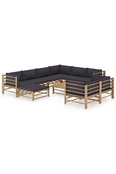 vidaxl Set mobilier de gradina cu perne gri a®nchis, 10 piese, bambus