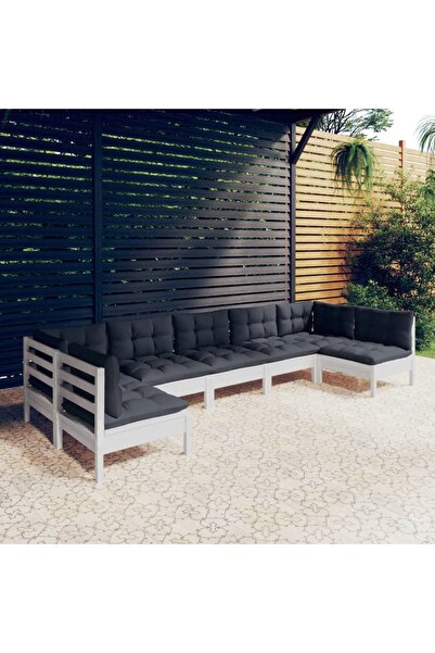 vidaxl Set mobilier gradina cu perne, 7 piese, alb, lemn masiv de pin