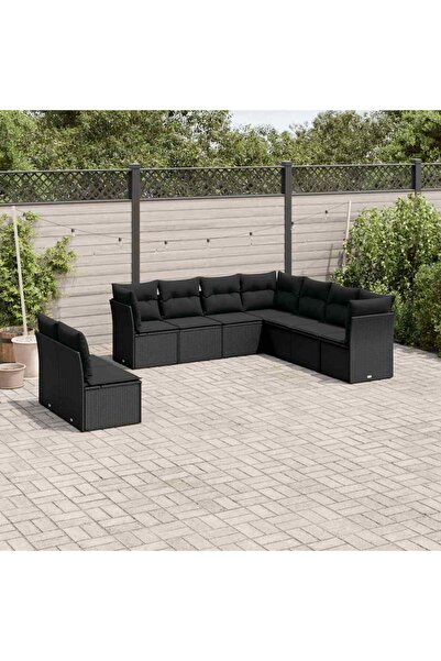 vidaxl Garden furniture set with cushions, 9 pieces, black, polyrattan