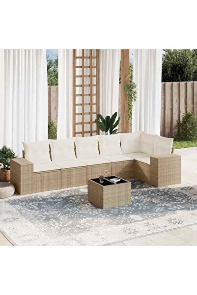 vidaxl Garden sofa set, 7 pieces, with cushions, beige, polyrattan