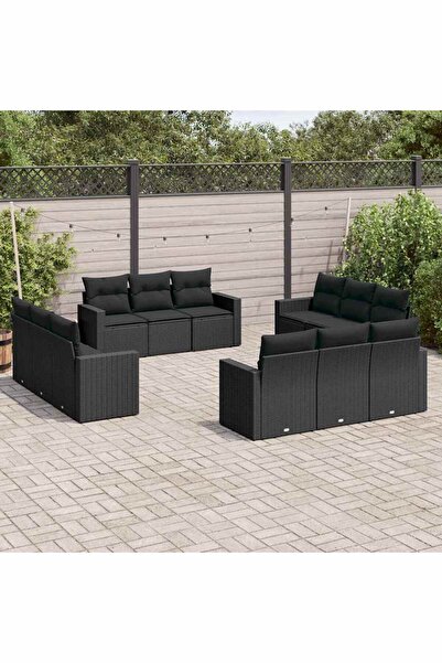 vidaxl Set canapele de gradina, 12 piese, cu perne, negru, poliratan