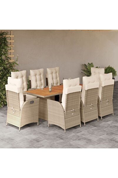 vidaxl 9-piece garden table set with cushions, beige, polyrattan
