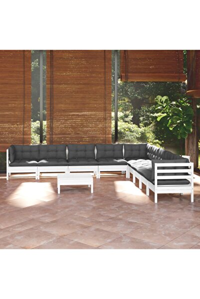 vidaxl Set mobilier gradina cu perne, 10 piese, alb, lemn masiv pin