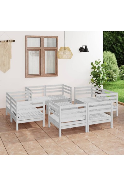vidaxl Set mobilier de gradina, 9 piese, alb, lemn masiv de pin