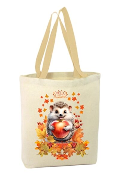OEM Canvas tote bag with zipper, black handle, hedgehog and apple
