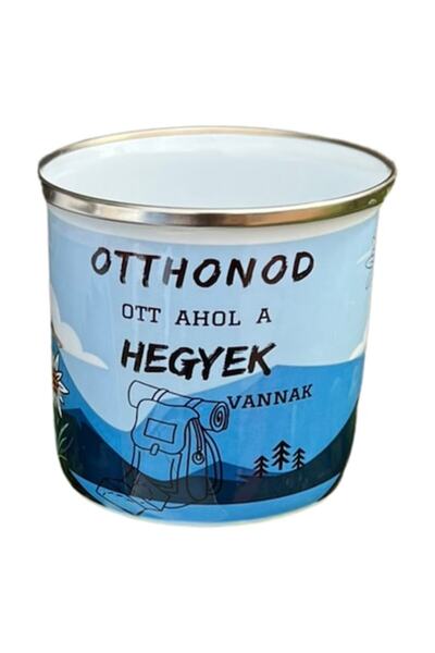 OEM White enameled steel mug, 360 ml volume, white, mountain model text in Hu...