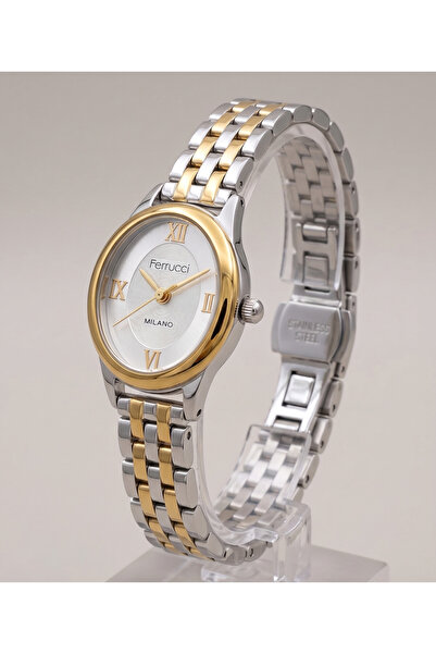Ferrucci Milano 25mm Beyaz Kadranlı Çift Renk Çelik Kordon Kadın Kol Saati