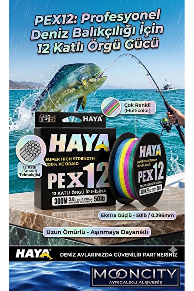 Haya MoonCity PEX12 12 Katlı Örgü İp Misina 300m - 0.296mm 50lb Multicolor