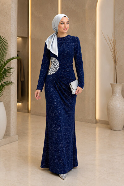 FERHEL Women's Draped Stone Evening Dress for Special Occasions - Navy Blue