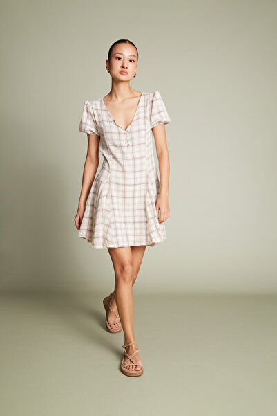 Nisan Checked Muslin Short Dress Beige