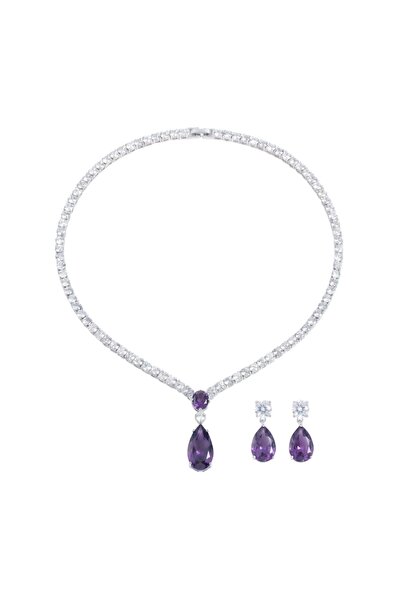 Raizel Set colier si cercei cu pietre mov din zirconiu, Gladys Purple